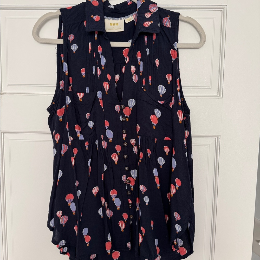 Maeve Hot Air Balloon Print Sleeveless V Neck Top - Small